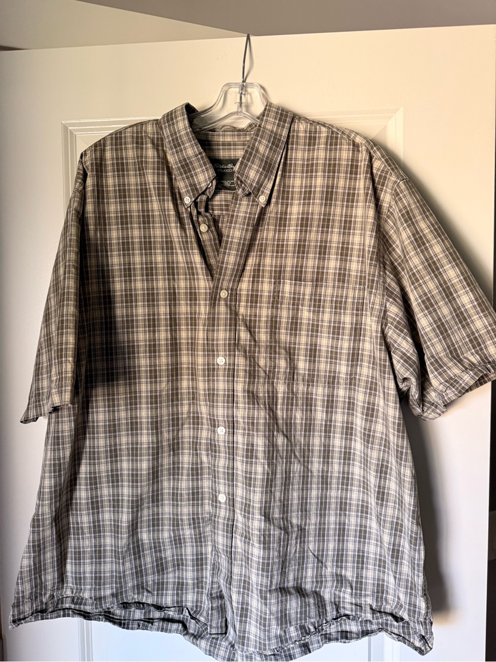 Eddie Bauer Men's Short Sleeve Plaid Button-Down Shirt - Gray & White